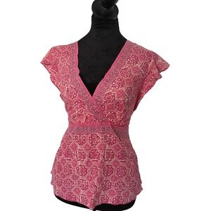 Vintage Y2K American Eagle Short Sleeve V Neck Floral Blouse Top Cotton SZ 6